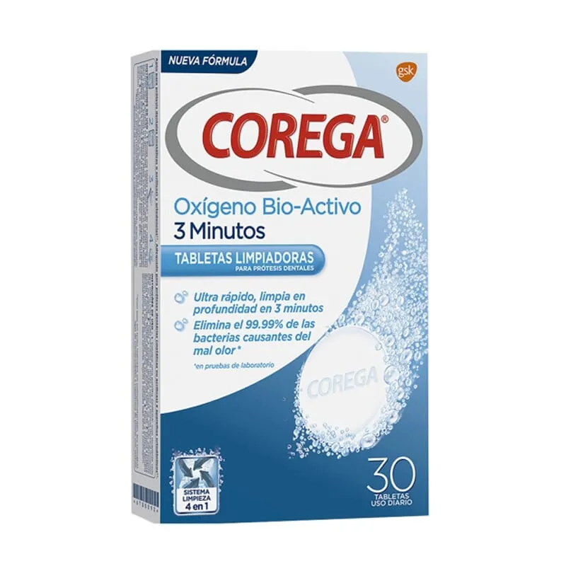 Corega Oxígeno Bio-Activo 3 Minutos 30 Tabletas efervescentes