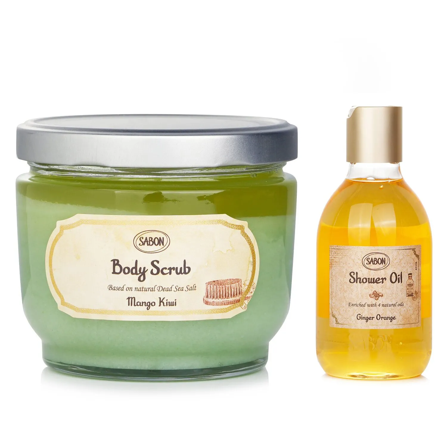 Exfoliante corporal de mango y kiwi y aceite de ducha de jengibre y naranja