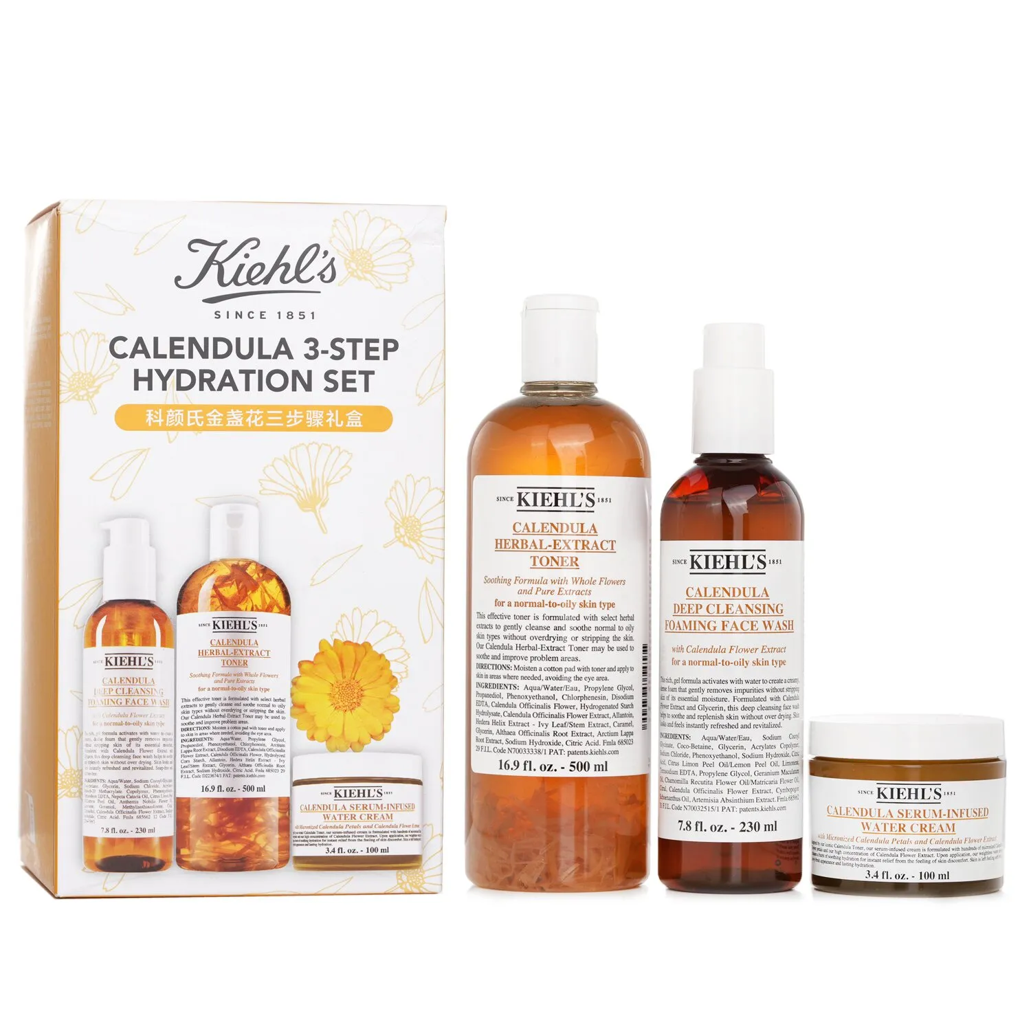 Calendula 3 Step Hydration Set: Face Wash 230ml + Tónico 500ml + Water Cream 100ml