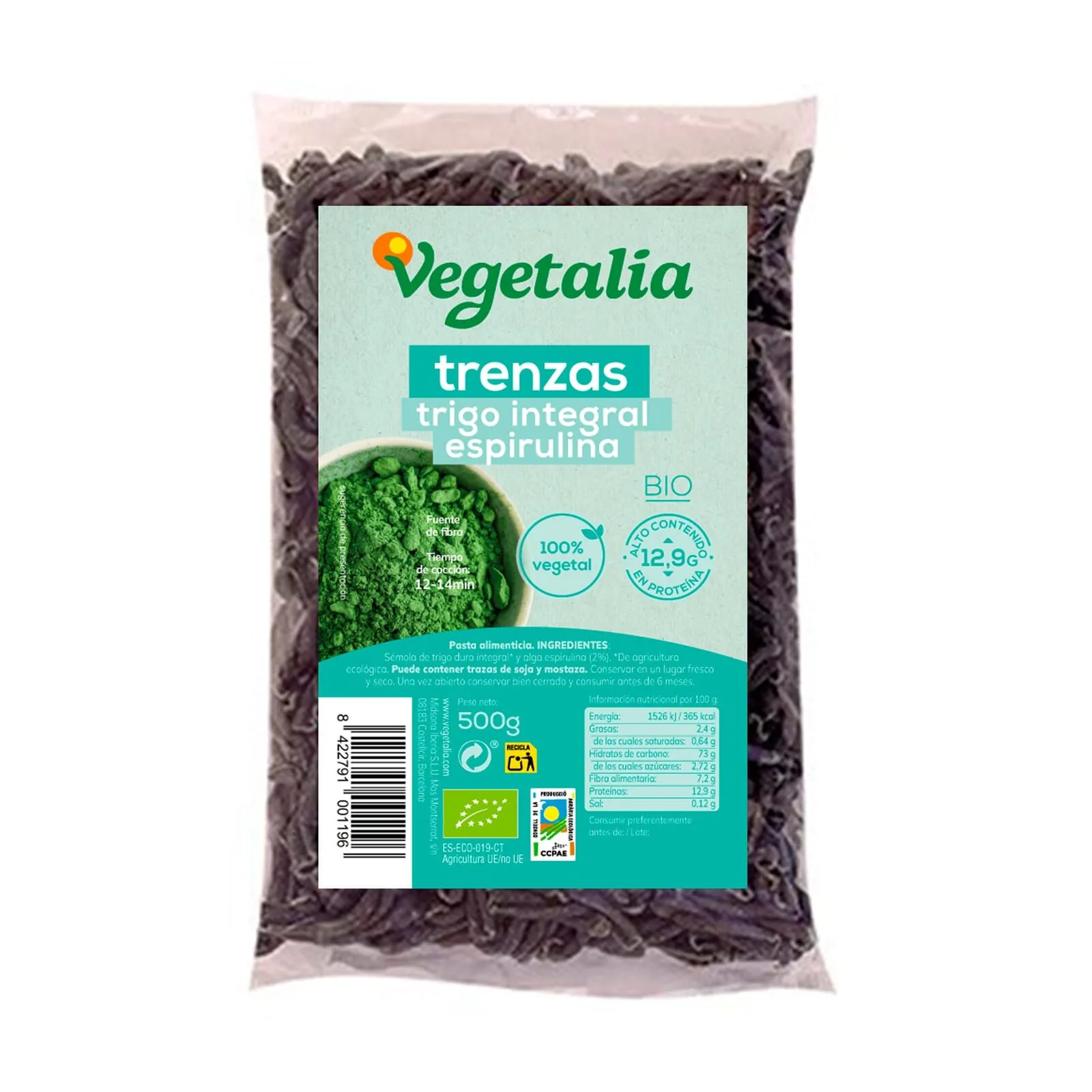 Pasta Integral De Trigo Trenzas Con Espirulina Bio 500g