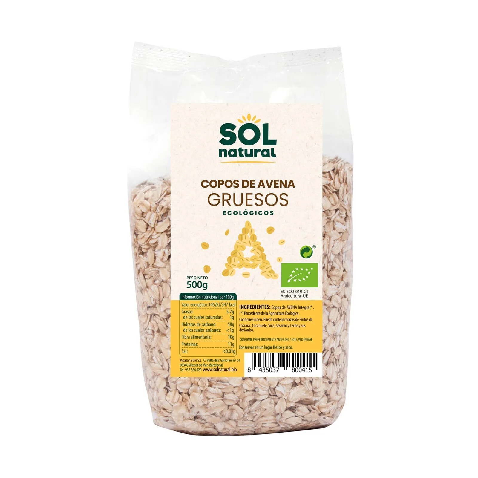Copos de Avena Integral Sin Gluten Bio 500g