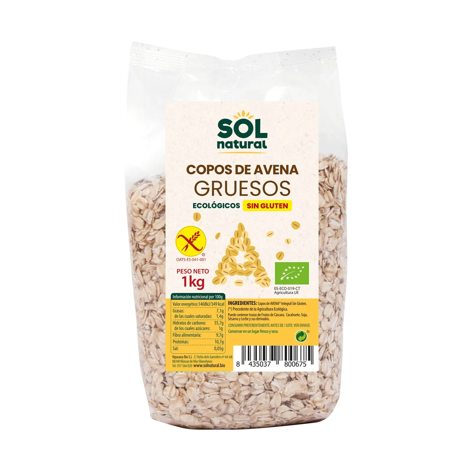 Copos de Avena Integral Sin Gluten Bio 1kg