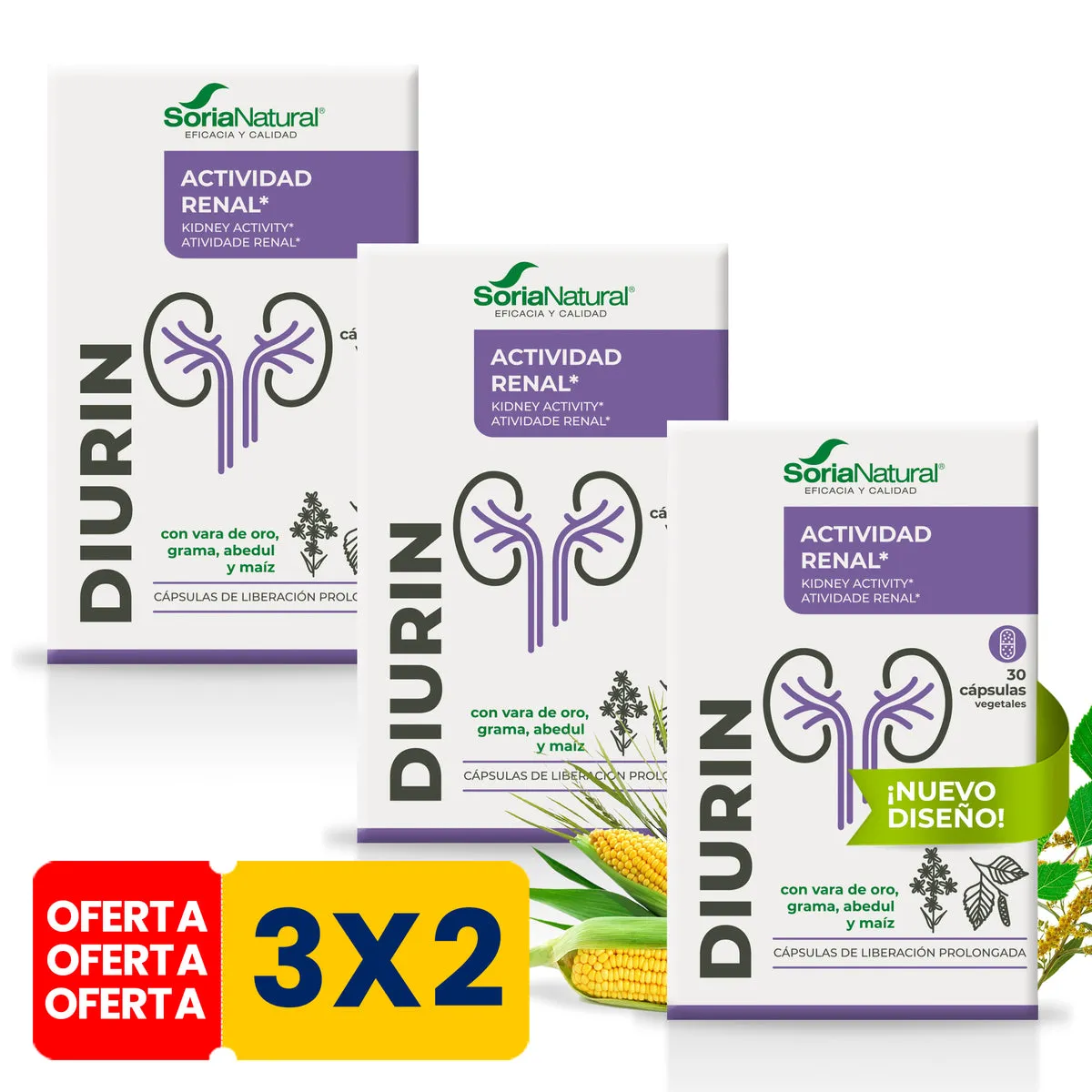 Pack 3x2 Caps. 10C Diurin Lib. Prol. 30caps Soria Natural