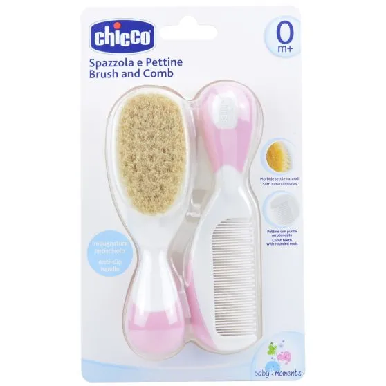 Pack Peine y Cepillo de cerdas naturales Chicco. Rosa