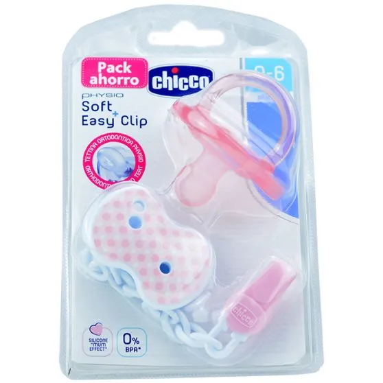 Chicco Pack Chupete y Broche Soft Easy 6-16 M Rosa