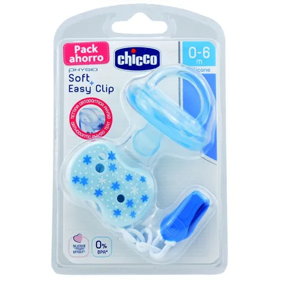 Chicco Pack Chupete y Broche Soft Easy 0-6M Azul