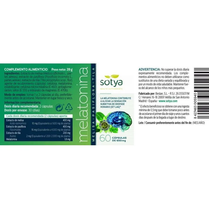Sotya Melatonina Melissa + Pasiflora + Tila 60 Cápsulas
