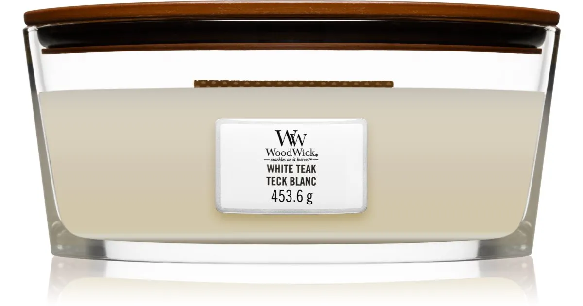 Woodwick White Teak scented candle with wooden wick (hearthwick) 453.6 g